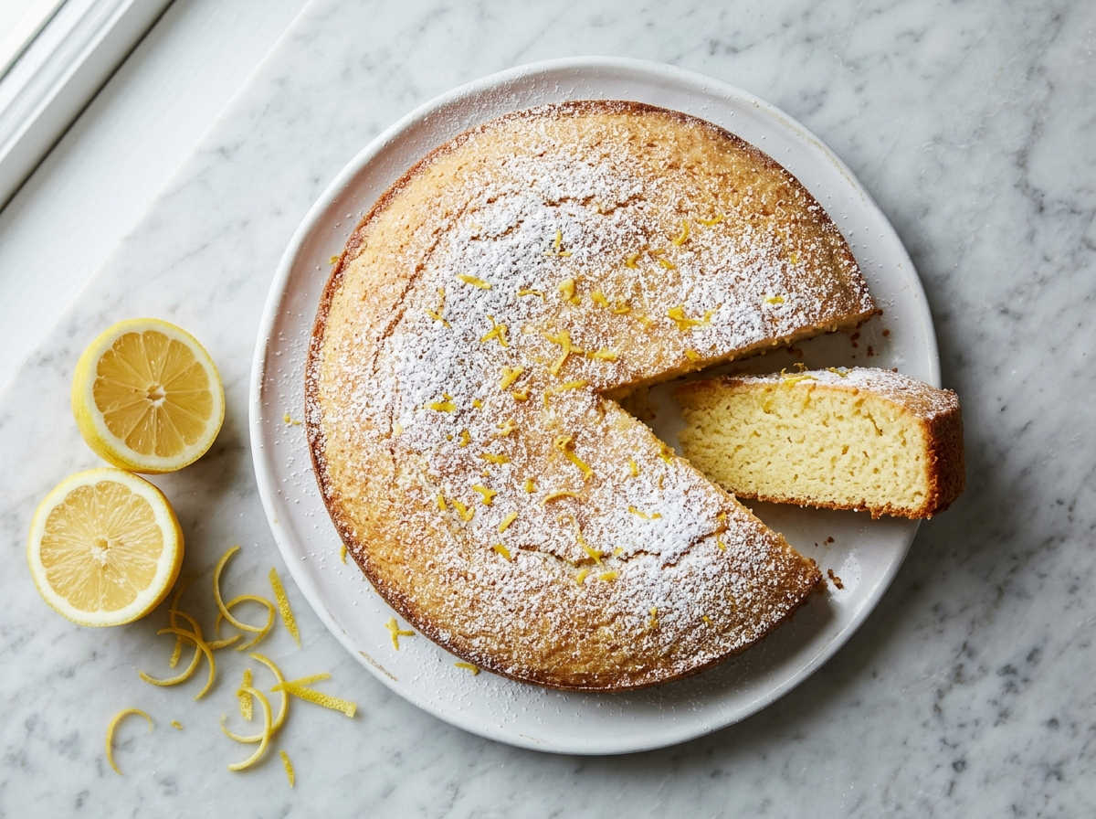 Whole lemon olive oil cake dusted with powdered sugar on marble, one slice pulled away to show moist pale crumb