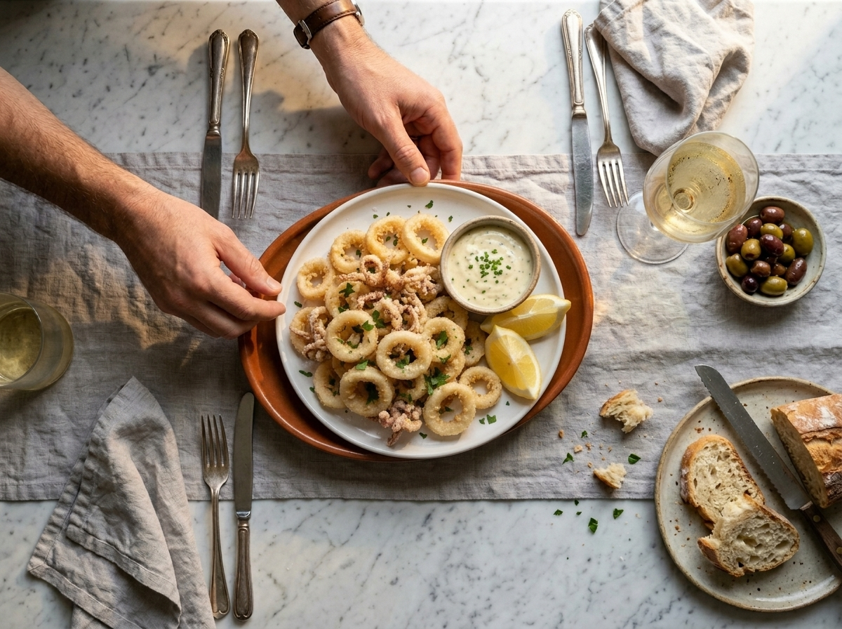 Platter of Italian fried calamari on a rustic table with white wine, aioli, and lemon wedges