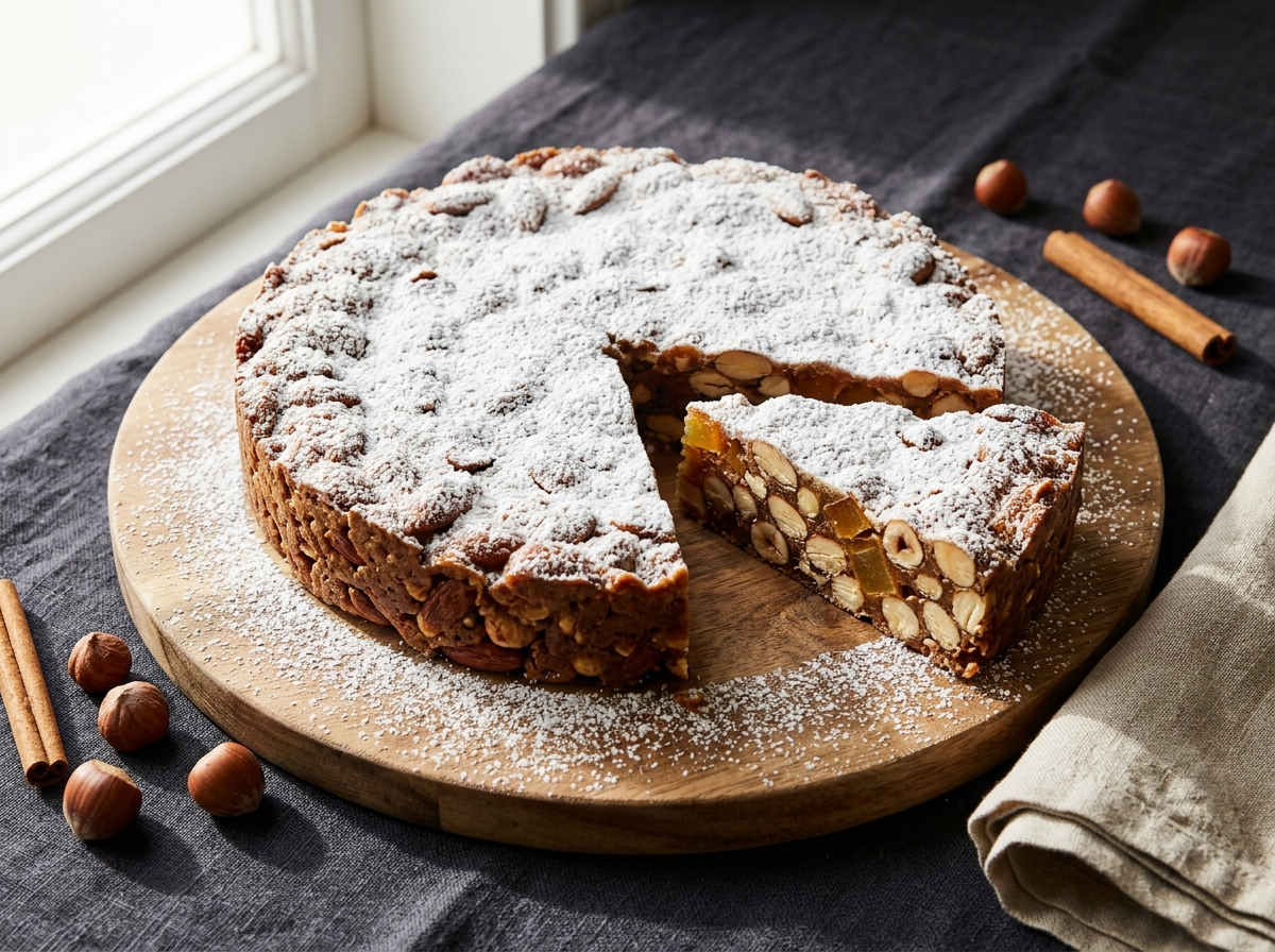 Whole panforte Sienese on a wooden board dusted with icing sugar, one wedge cut to show toasted nuts and candied orange peel inside