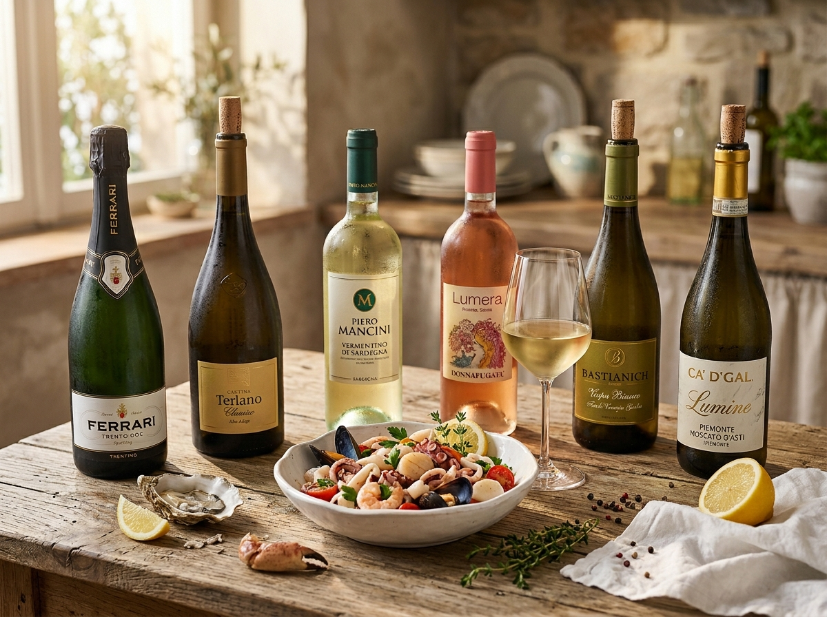 Six Italian wine bottles lined up by course beside oyster shells, lemon, and a glass of pale white wine on a linen-covered oak table.