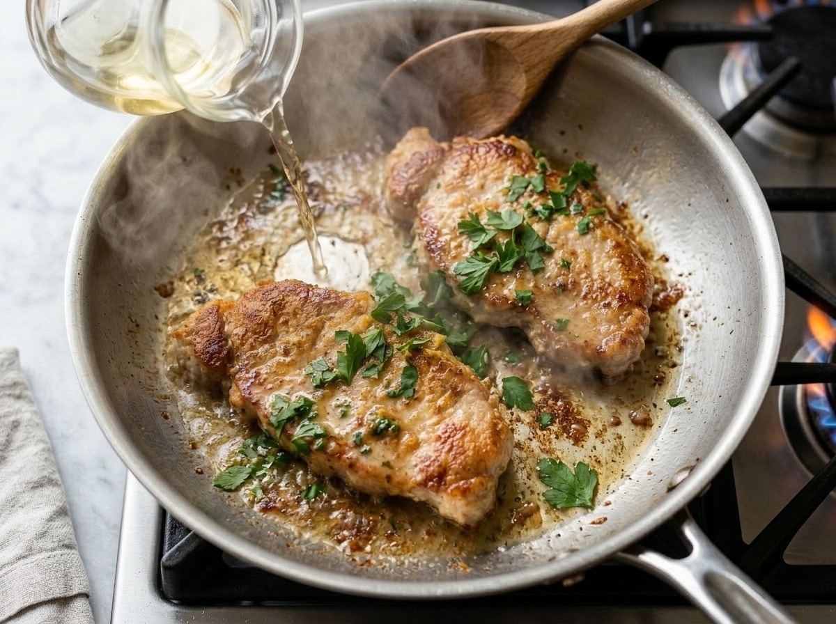 Veal cutlets searing in a stainless skillet with white wine being added to build the lemon pan sauce