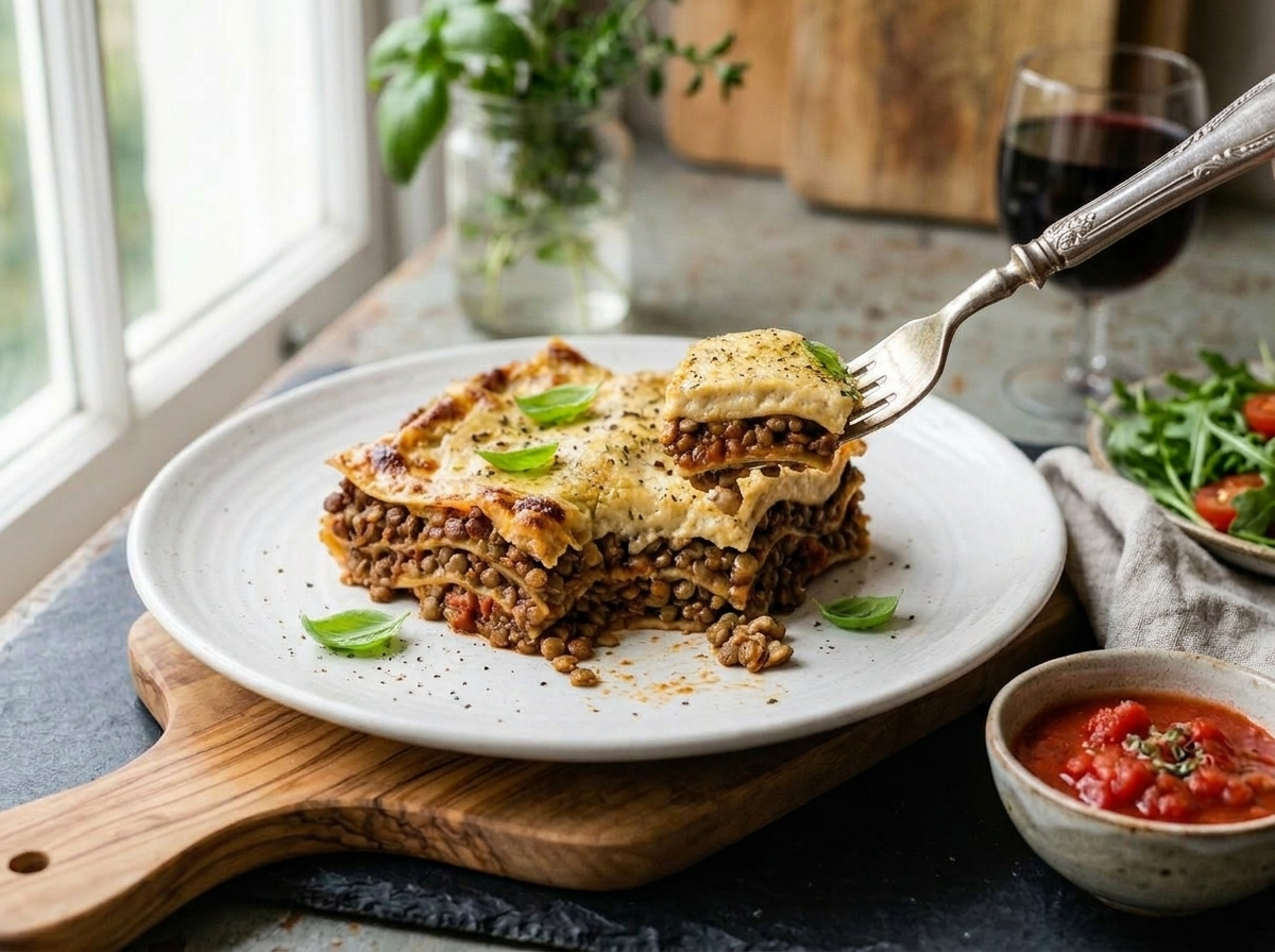 Single portion of vegan lentil lasagna on a white plate with arugula salad and glass of red wine
