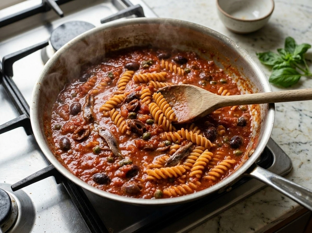 Vesuviana tomato sauce simmering in a wide skillet with olives, capers, and a wooden spoon mid-stir