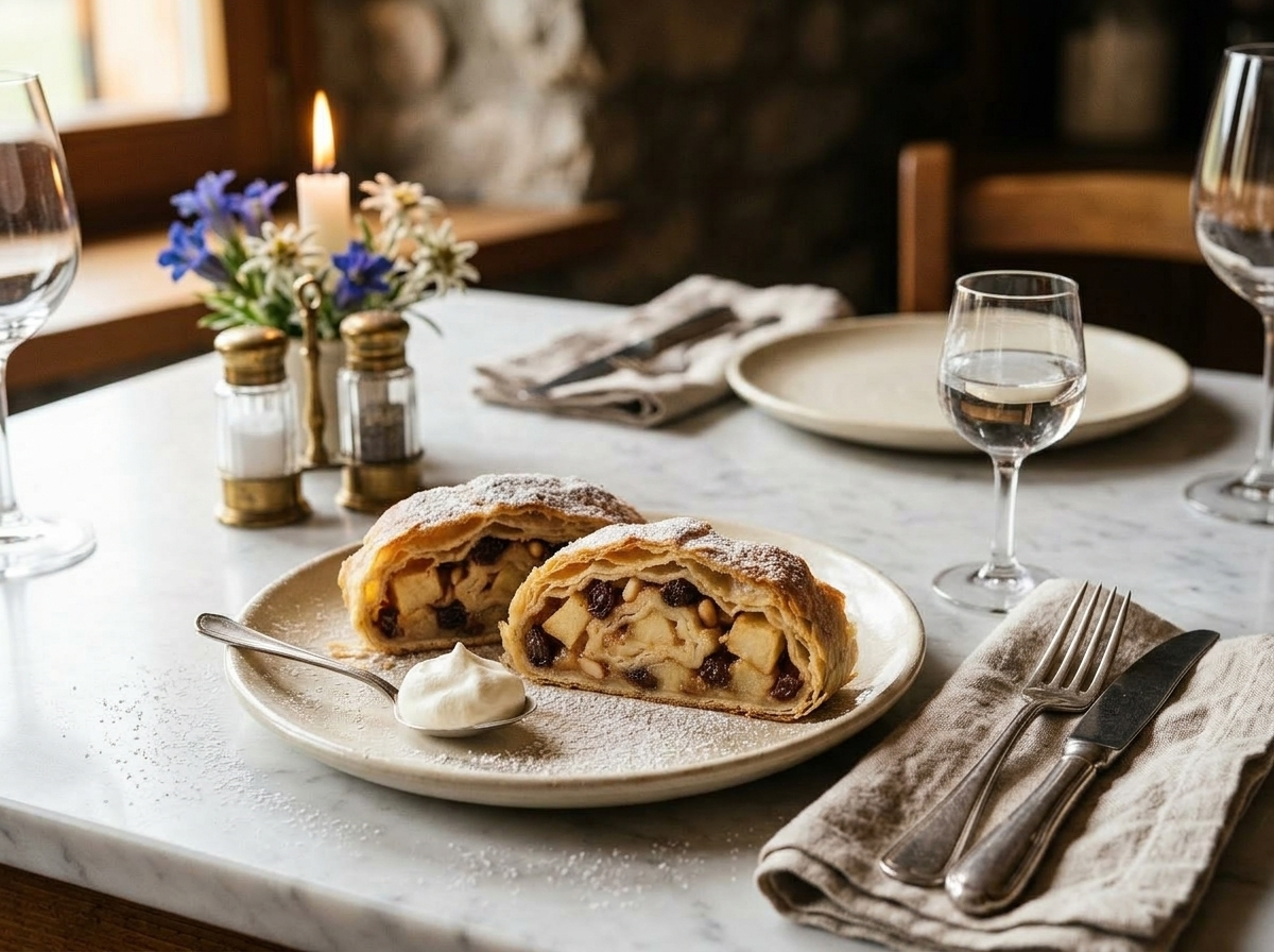 Two slices of Italian alpine apple strudel on a ceramic plate with whipped cream and powdered sugar
