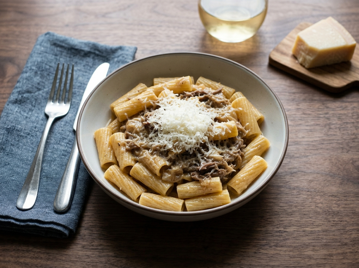 Deep bowl of rigatoni pasta alla Genovese with pale amber onion and shredded beef sauce, topped with Parmigiano