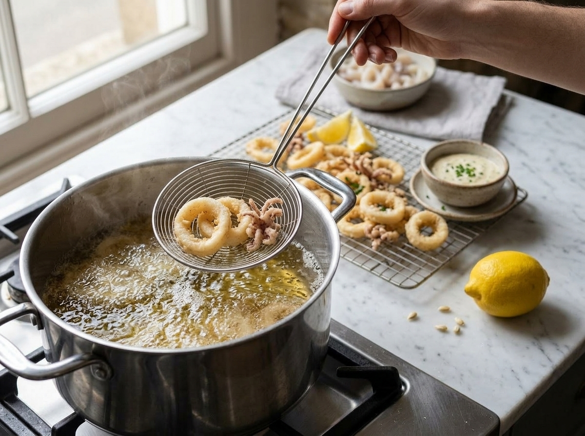 Calamari rings frying in hot oil in a deep pot, golden crust forming, steam rising above the bubbling oil