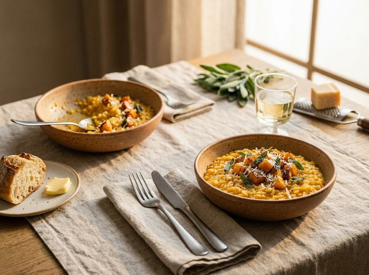 Two bowls of Italian pumpkin risotto on a linen table with a glass of white wine and fresh Parmigiano