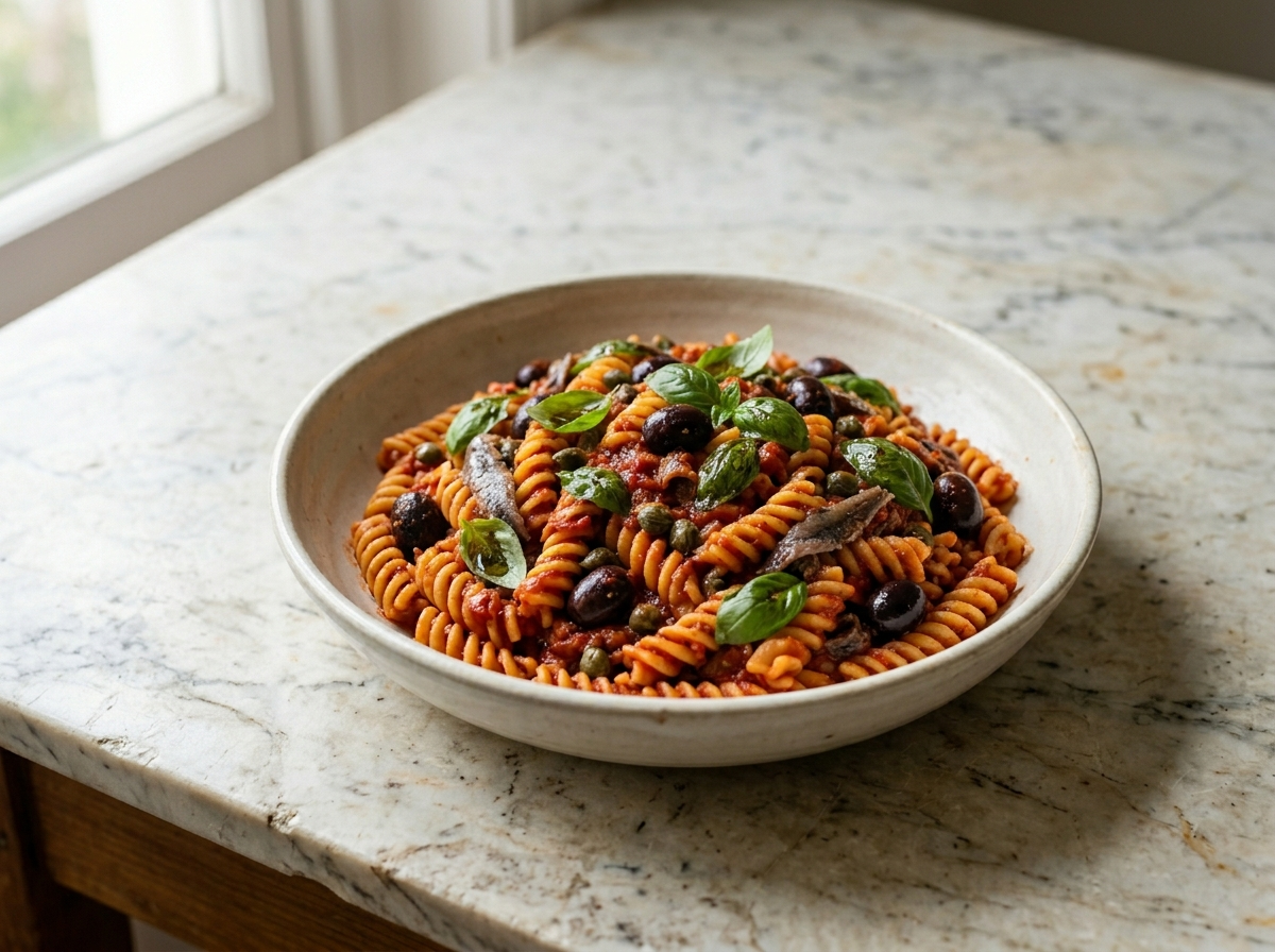 Fusilli alla vesuviana in a ceramic bowl with San Marzano tomato sauce, Gaeta olives, capers, and fresh basil
