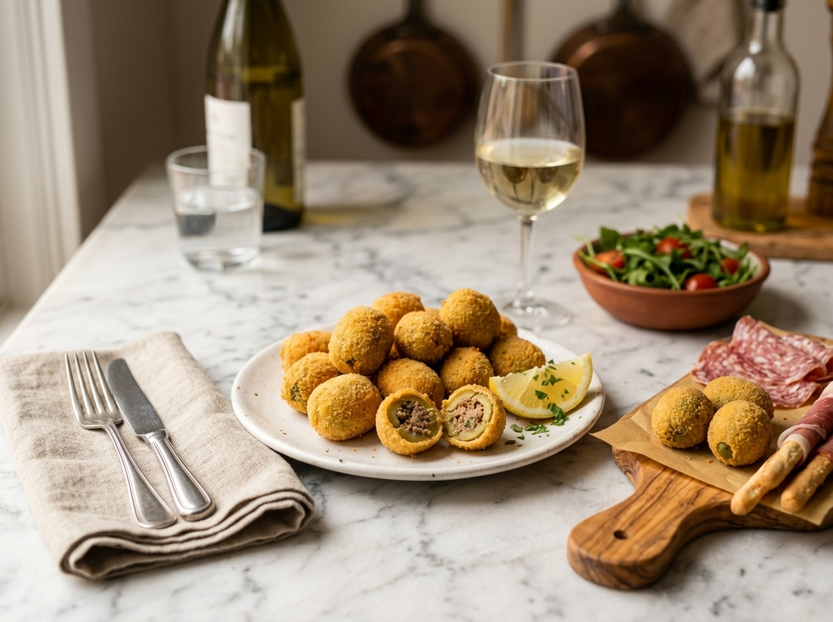 Wooden board with fried olive ascolane, sliced salume, grissini, and a glass of white wine for Italian aperitivo