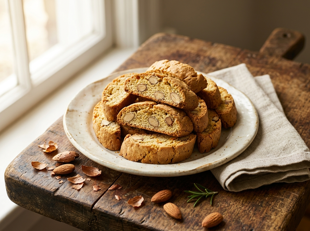 Golden cantucci biscotti stacked on a ceramic plate with whole almonds visible in each slice and a glass of Vin Santo alongside