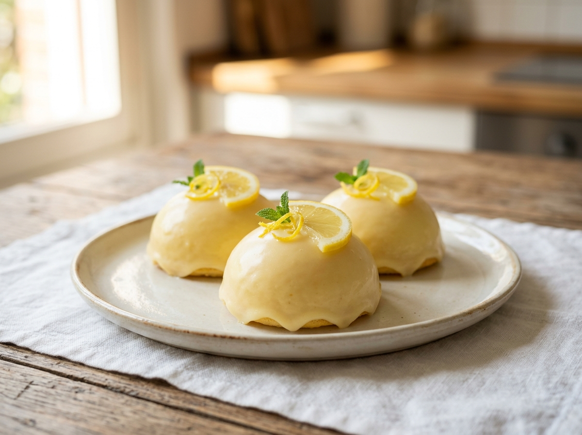 Three delizia al limone domes with smooth pale yellow lemon cream glaze on a ceramic plate, garnished with lemon zest