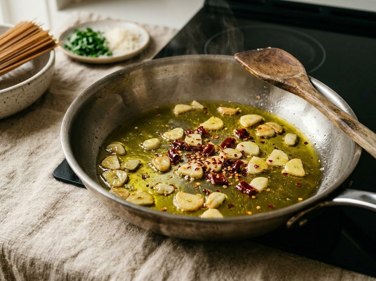 Thin garlic slices and red chili flakes sizzling in olive oil in a wide skillet for aglio e olio sauce