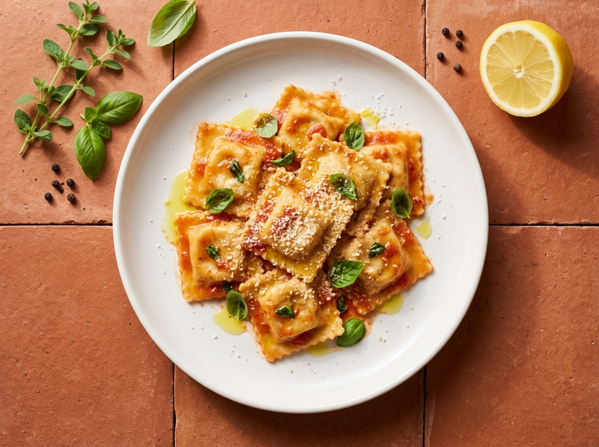 Plate of ravioli capresi in light tomato sauce with fresh basil and Parmigiano on a terracotta surface