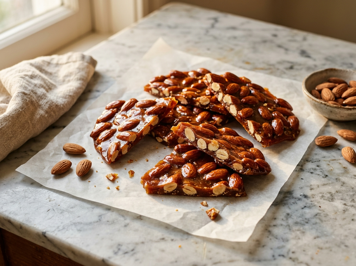 Shards of croccante di mandorle Italian almond brittle with amber caramel gloss on parchment paper and marble surface