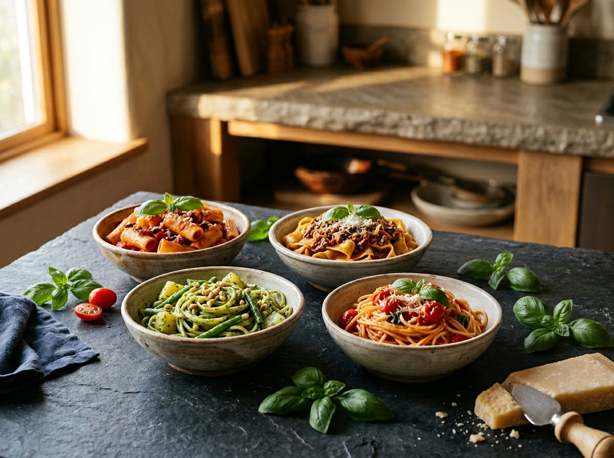 Four Italian pasta dishes in ceramic bowls with a bottle of red wine and fresh Parmigiano on a dark slate surface.