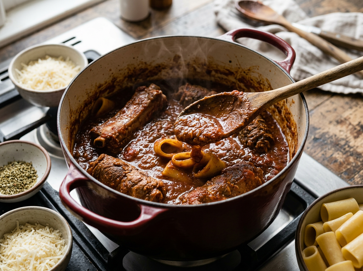 Pork ribs and beef braciole simmering in Neapolitan tomato ragù inside a heavy Dutch oven
