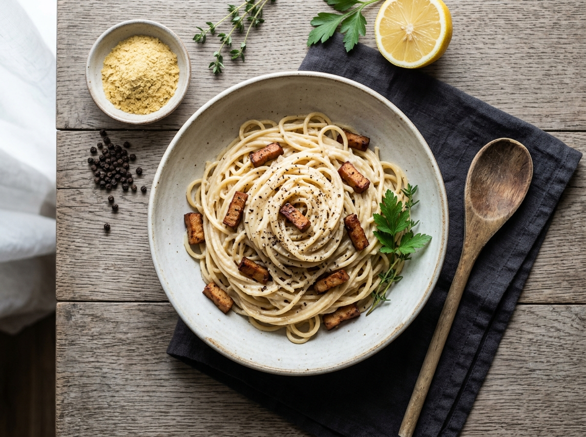 Bowl of vegan carbonara spaghetti coated in cashew cream sauce with crispy smoked tofu lardons and black pepper