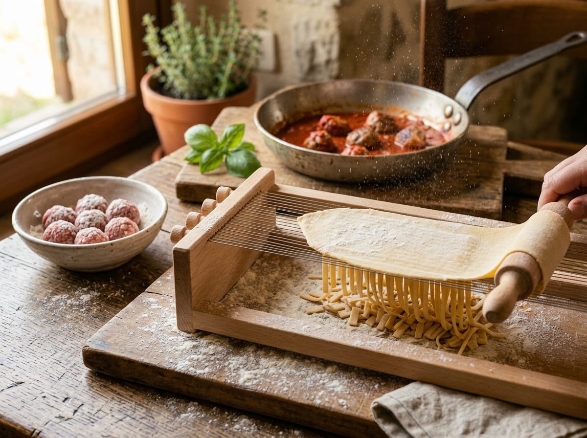 Egg pasta dough sheet being cut on a wooden chitarra frame into square strands with a rolling pin