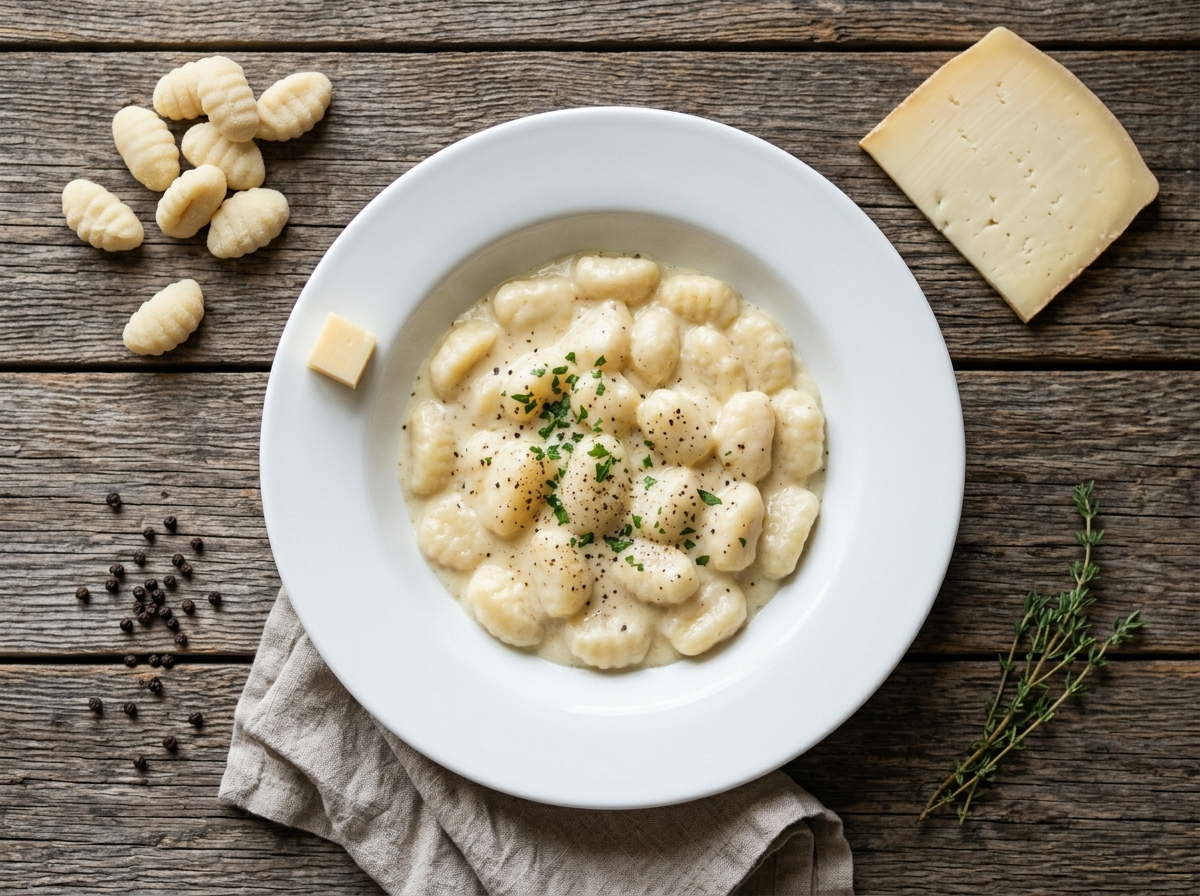 Bowl of gnocchi alla bava with silky Fontina cream sauce and a fork lifting a long cheese pull, black pepper on top