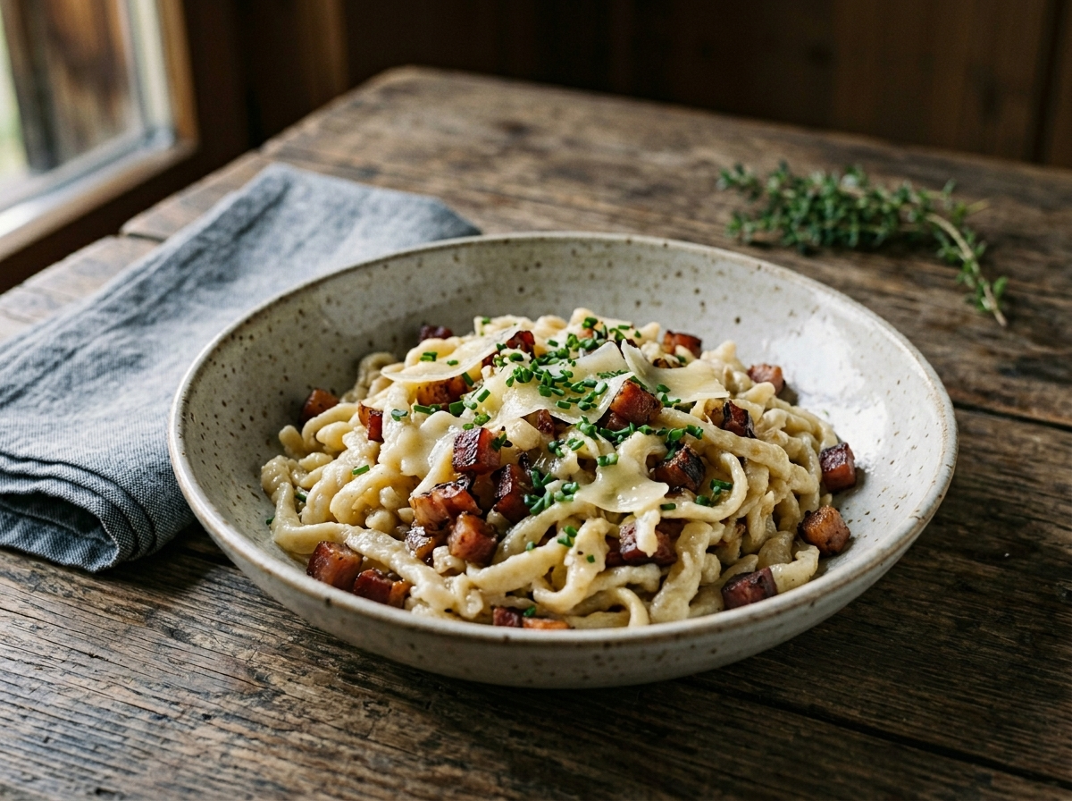 Bowl of Spätzle alla tirolese with crispy speck, melted mountain cheese, and brown butter on a wooden table