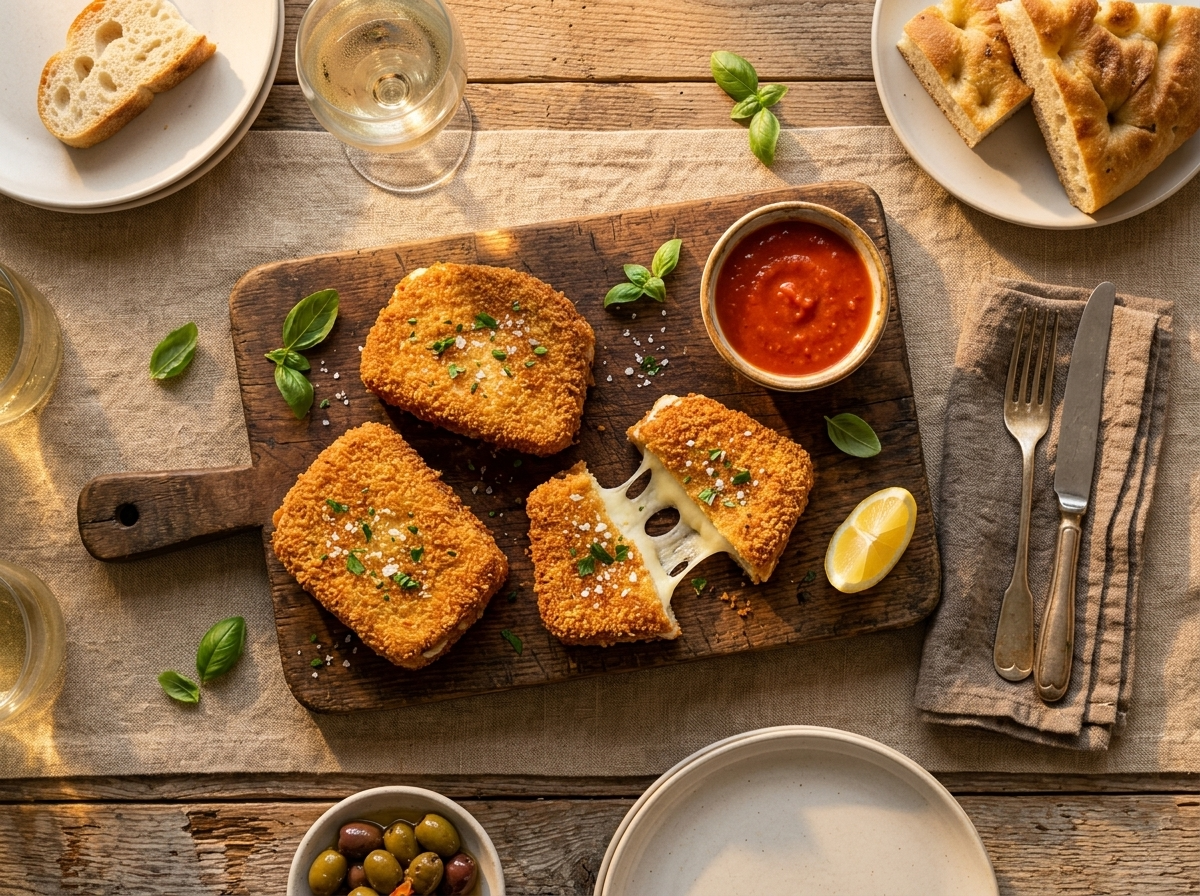 Four mozzarella in carrozza on a wooden board with tomato dipping sauce, glass of white wine, and a visible cheese pull