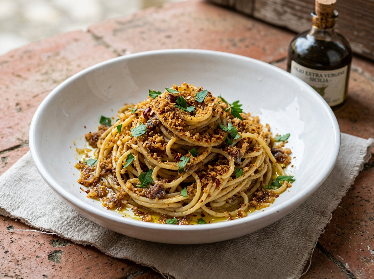 Bowl of spaghetti con la mollica atturrata coated in deep golden anchovy-toasted breadcrumbs with olive oil drizzle