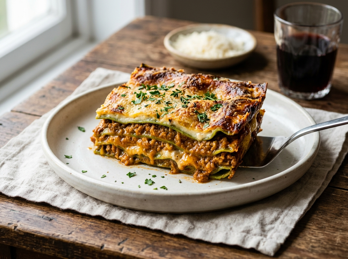Portion of lasagne verdi alla bolognese on a ceramic plate showing green spinach pasta layers, ragù, and golden béchamel crust