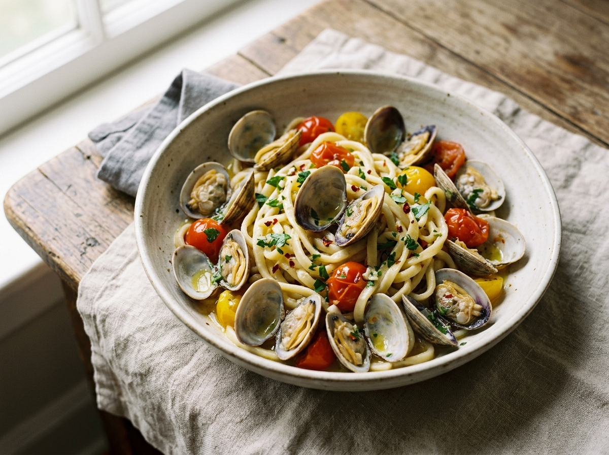 Bowl of Campania scialatielli pasta with vongole clams, cherry tomatoes, parsley, on a linen tablecloth