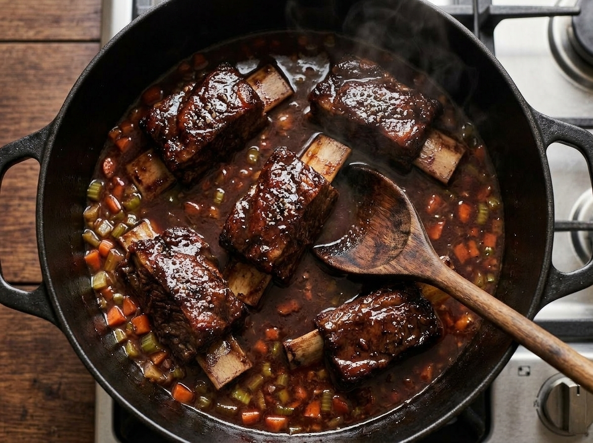 Short ribs simmering in dark red wine braising liquid in a cast-iron Dutch oven on the stovetop
