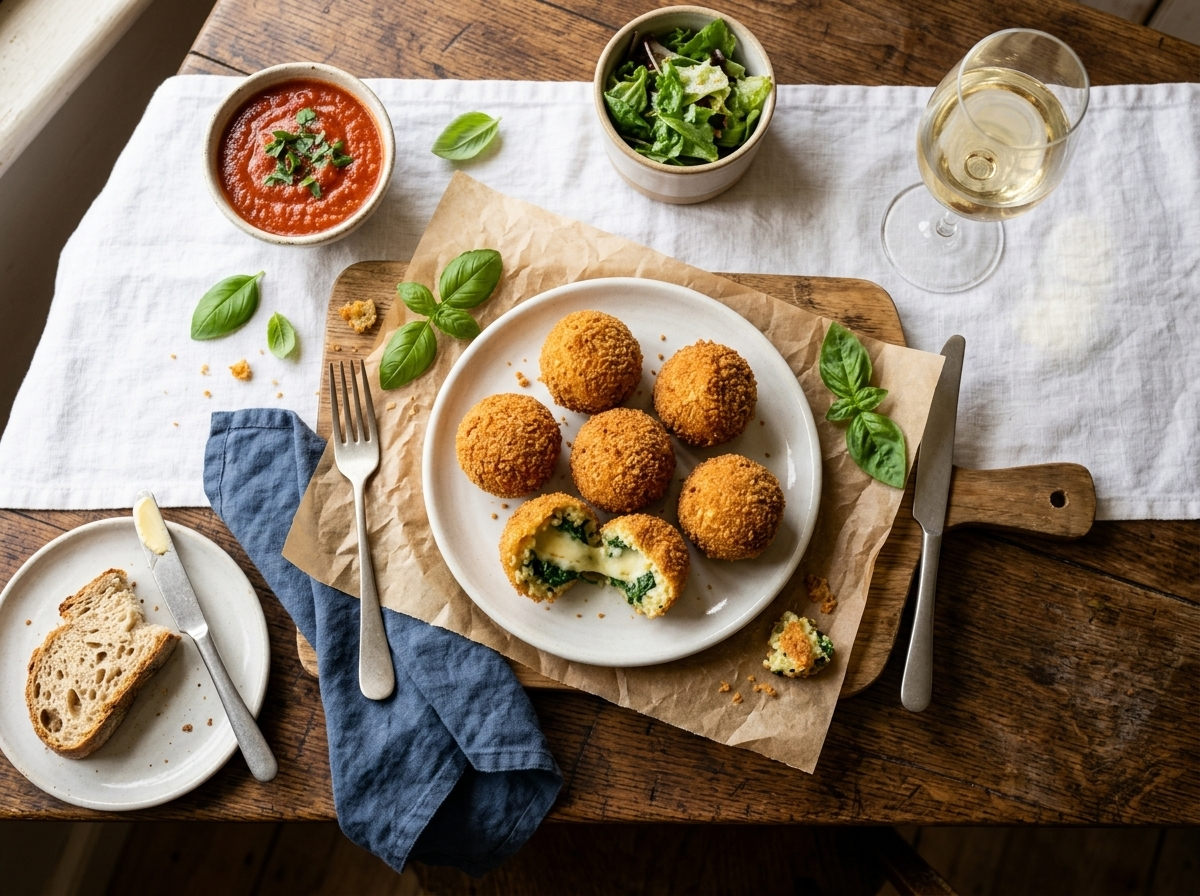 Spinach and cheese arancini on a wooden board with tomato dipping sauce and a glass of white wine