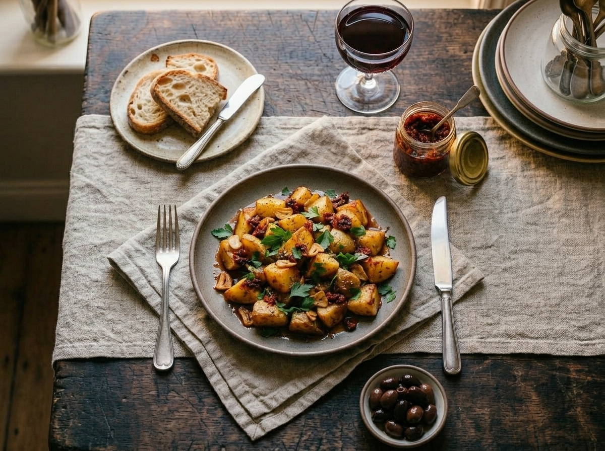 Plate of Calabrian spicy roasted potatoes beside a glass of red wine and chili paste jar on a wooden table
