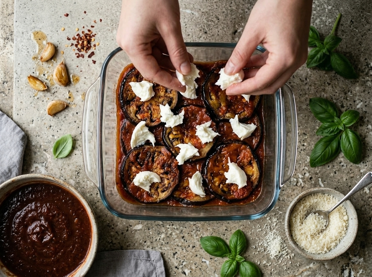 Hands layering torn fior di latte over tomato-sauced fried eggplant slices in a glass baking dish