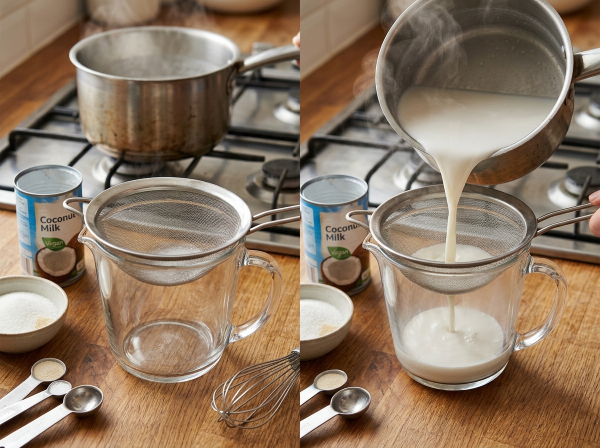Coconut milk and agar-agar mixture being strained through a fine sieve into a glass jug before pouring into molds