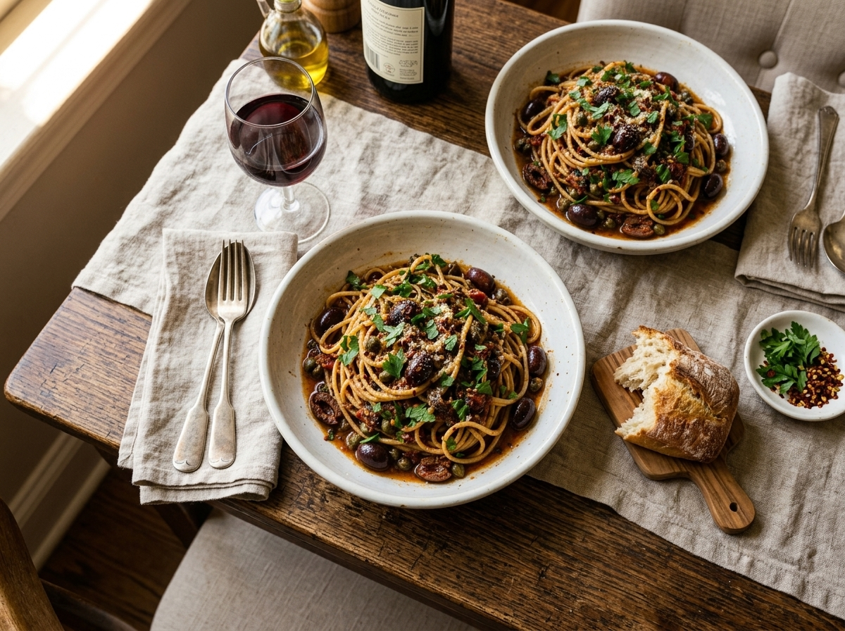 Two plates of pasta alla puttanesca with wine and rustic bread on a linen-covered dining table
