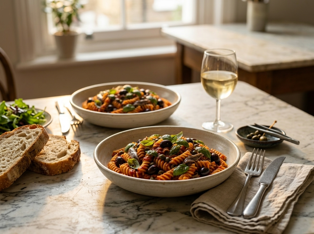 Two bowls of fusilli alla vesuviana on a linen table with crusty bread and a glass of white wine