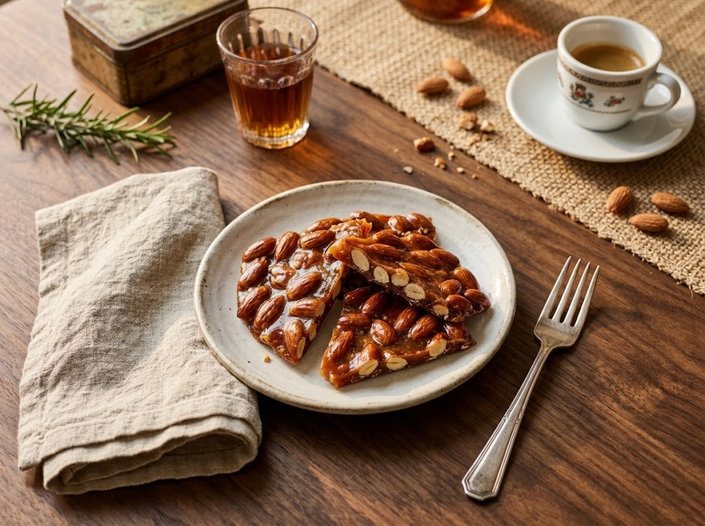 Croccante di mandorle shards on a ceramic plate beside an espresso cup and small glass of Vin Santo on a linen napkin