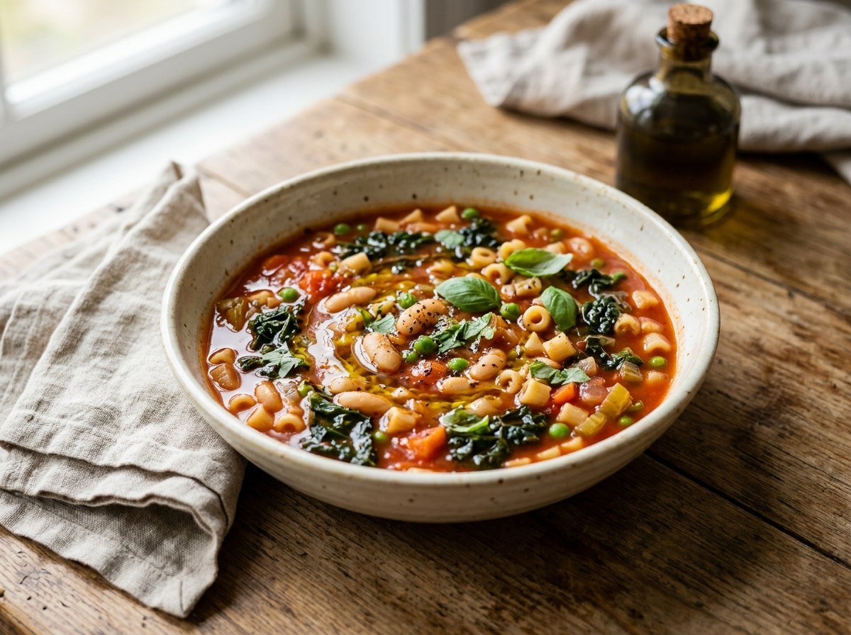 Bowl of Italian vegan minestrone soup with cannellini beans, ditalini pasta, cavolo nero, and olive oil drizzle