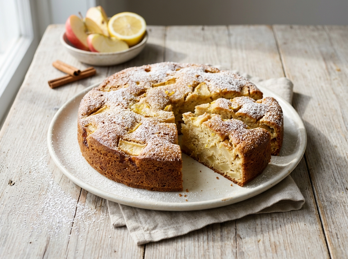 Whole apple ricotta cake dusted with powdered sugar on a wooden board, two slices cut to show the moist apple-studded crumb