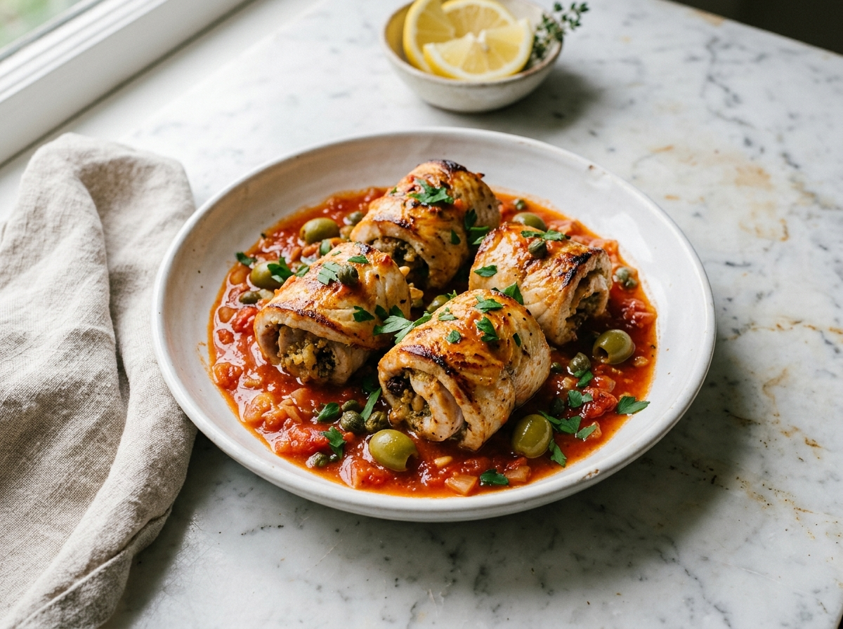 Sicilian swordfish rolls in tomato sauce with green olives, capers, and parsley in a white ceramic dish