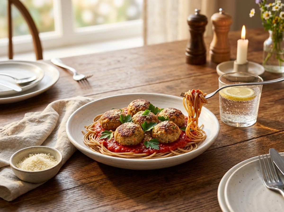 Baked low fat Italian meatballs over whole wheat spaghetti in a white bowl on a wooden dining table