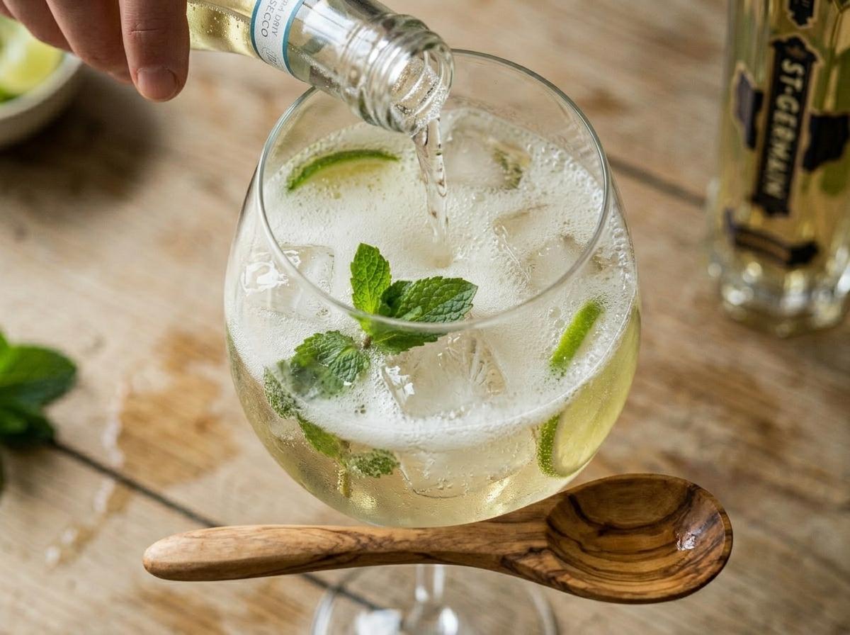 Prosecco being poured into a Hugo Spritz glass over ice, mint, and elderflower liqueur