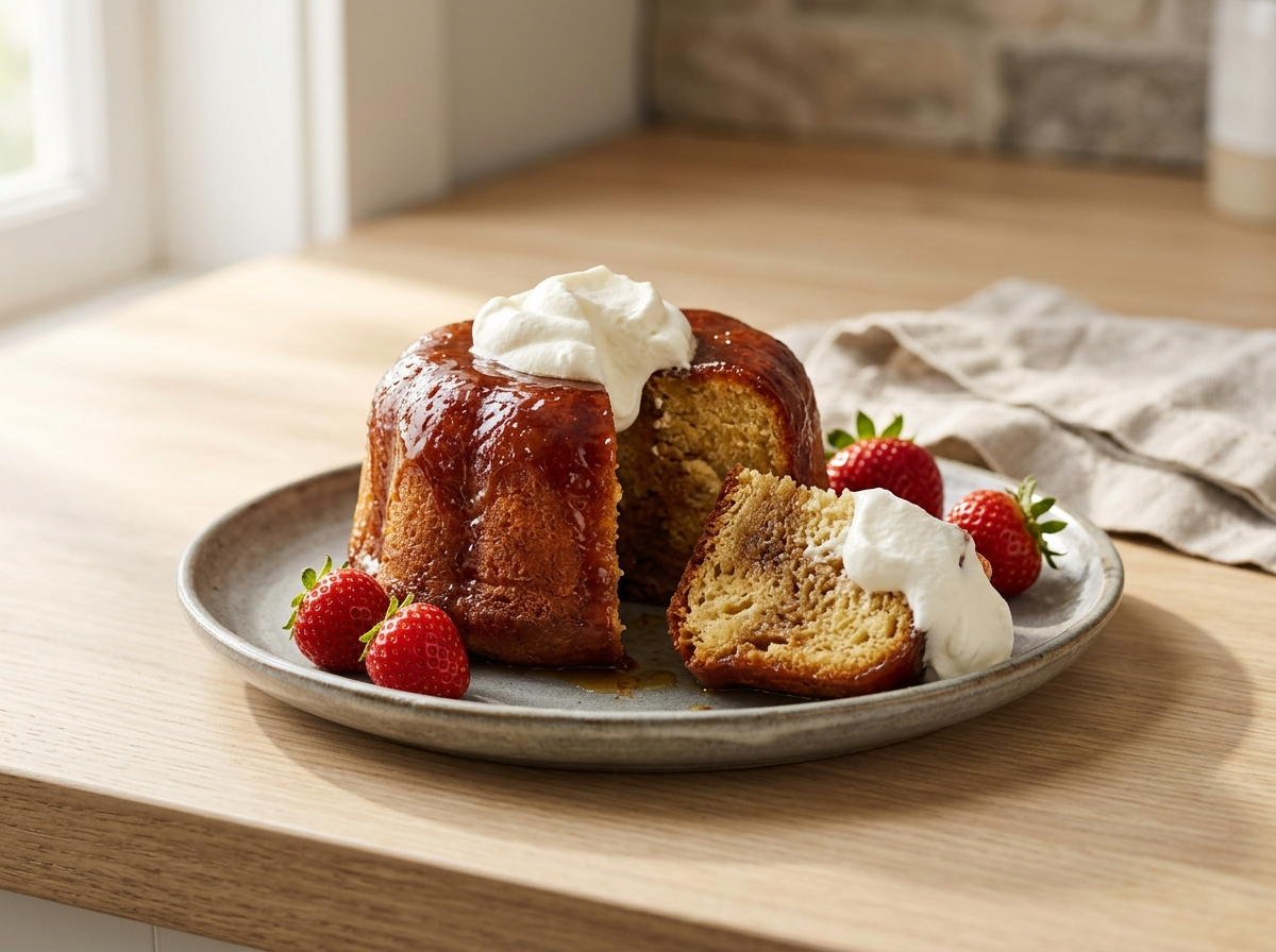 Six glazed babà al rum on marble, one cut open showing dark rum-soaked crumb, whipped cream and strawberries alongside