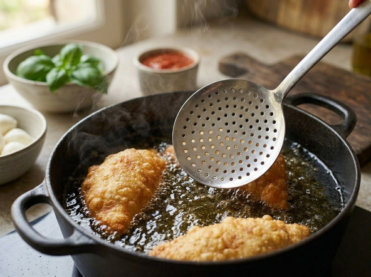 Three mozzarella panzerotti frying in hot bubbling oil in a deep pot, golden and blistered