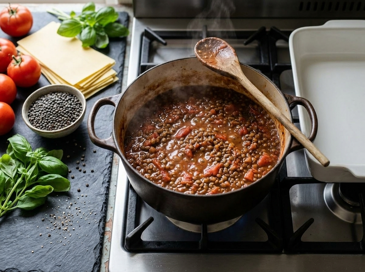 Lentil and tomato ragù simmering in a heavy pot with wooden spoon, thick sauce with visible lentils