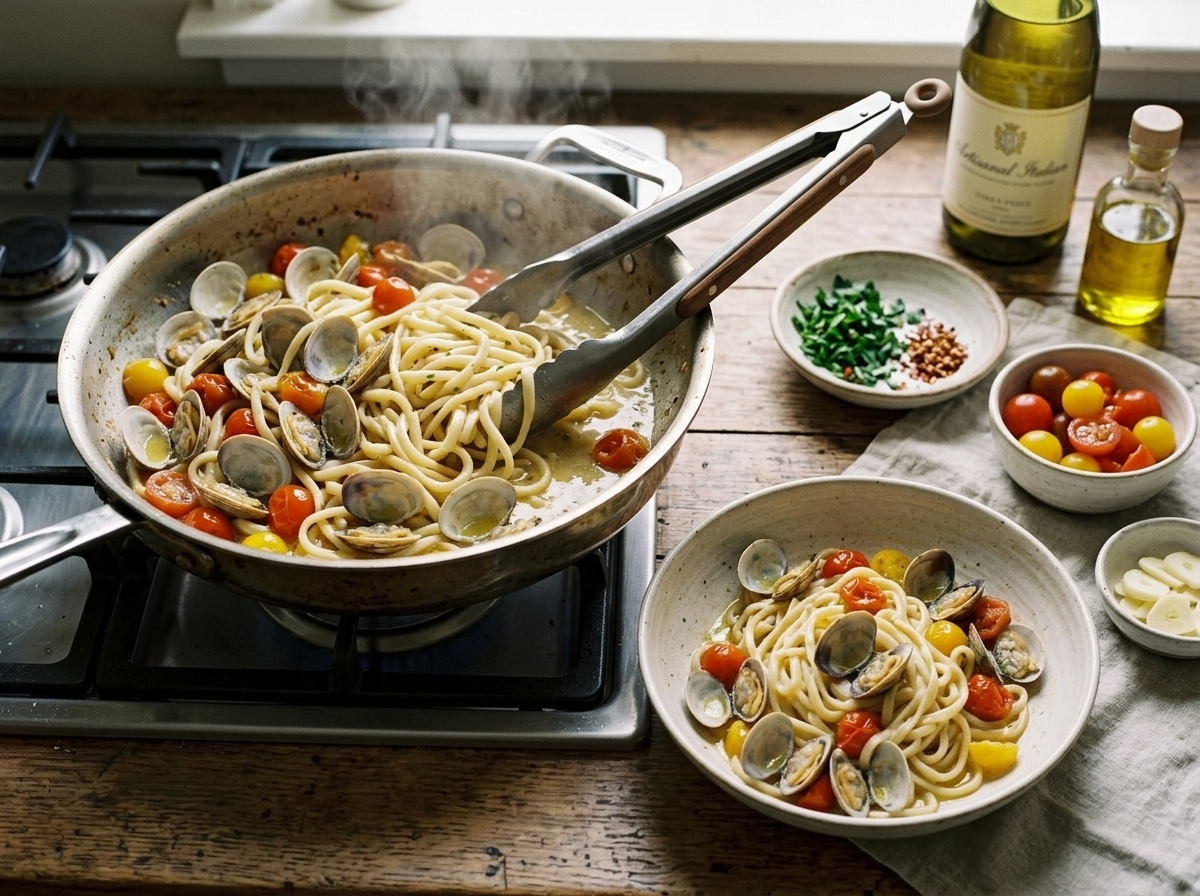 Vongole clams steaming open in white wine and cherry tomato sauce in a wide pan on a gas burner
