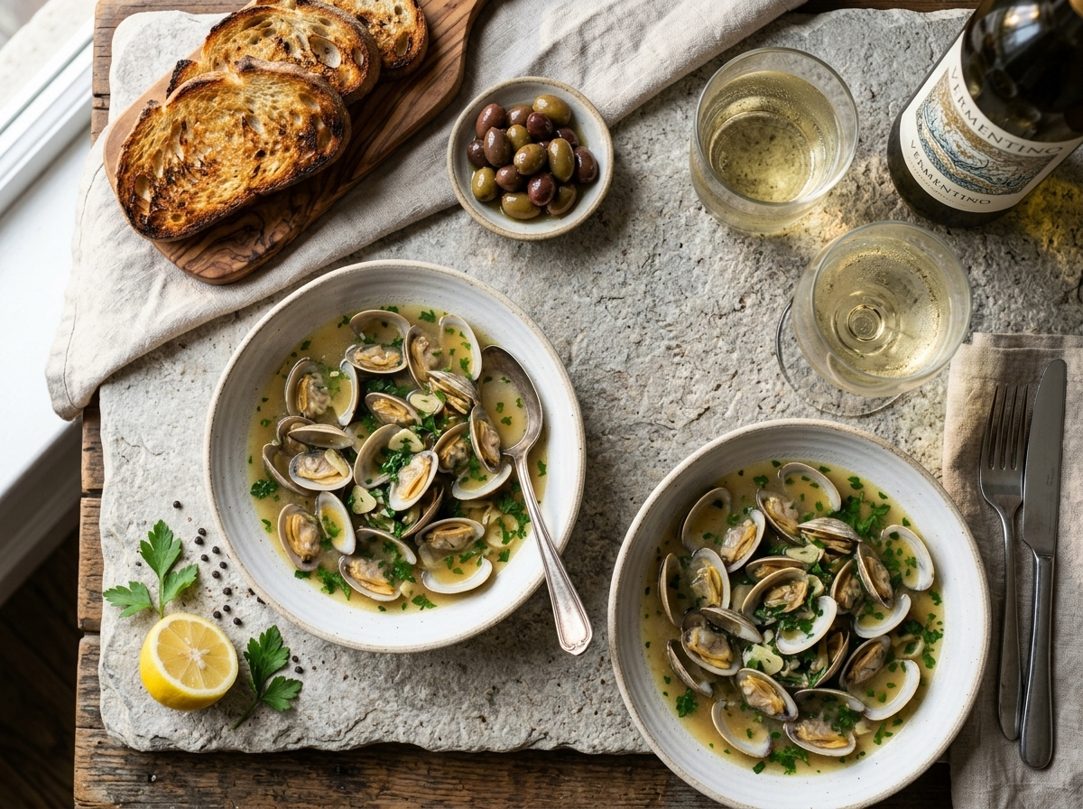 Two bowls of Italian clam soup with white wine and toasted bread on a linen-covered wooden dining table