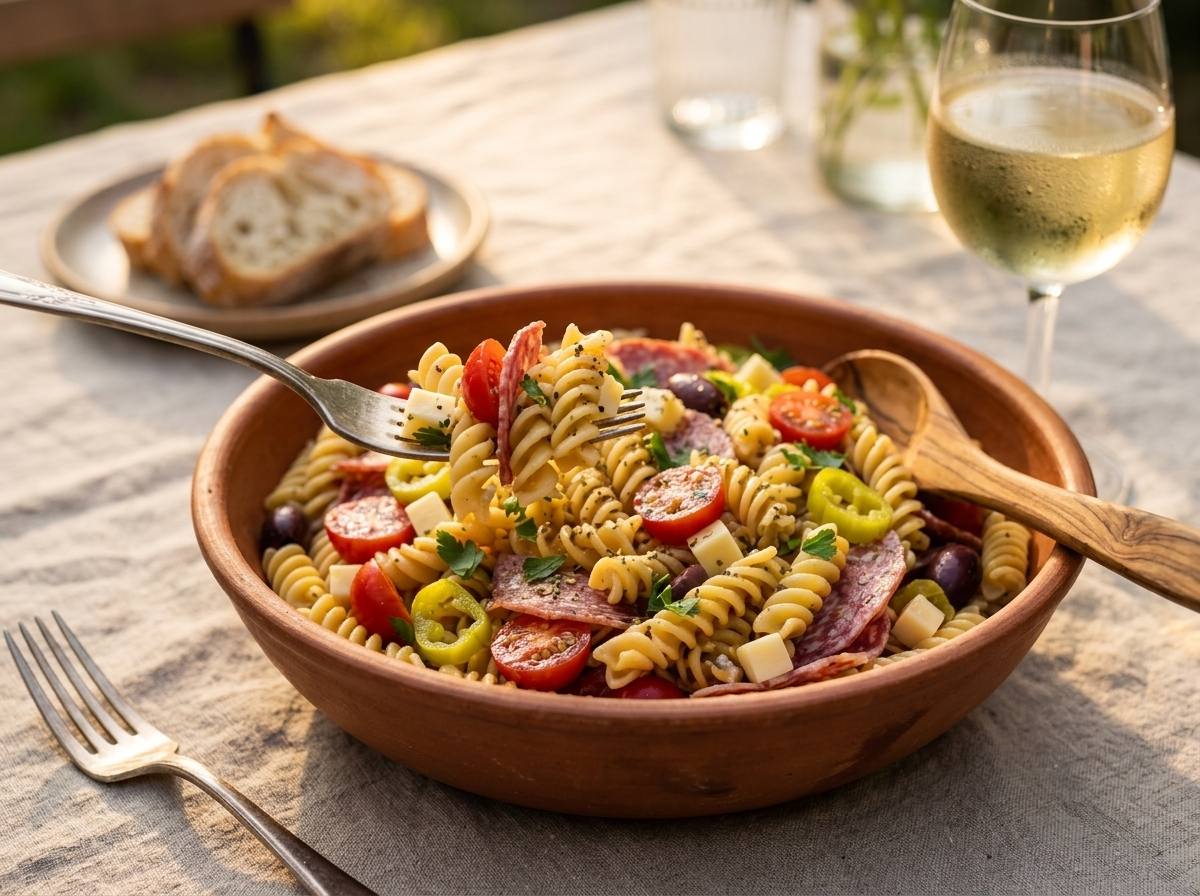 Italian pasta salad in a terracotta bowl on a summer outdoor table with white wine and crusty bread