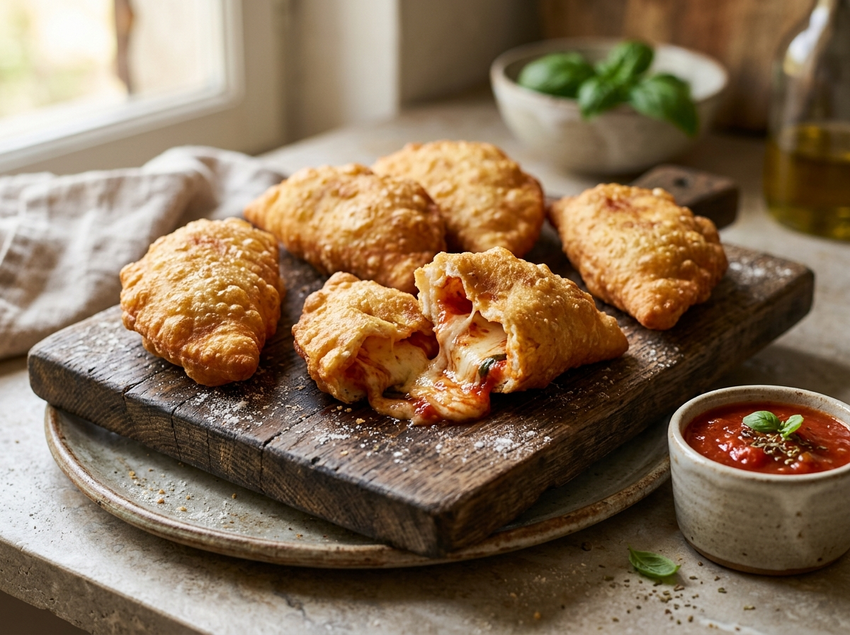 Golden fried Italian panzerotti on a wooden board, one split open showing mozzarella and tomato filling