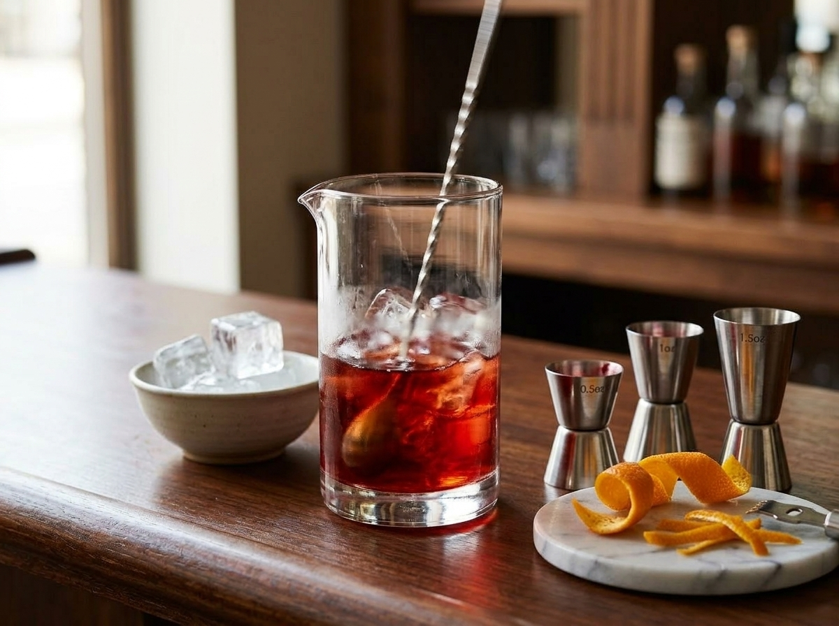 Bar spoon stirring a Negroni in a mixing glass filled with ice, jiggers alongside on a wooden bar surface
