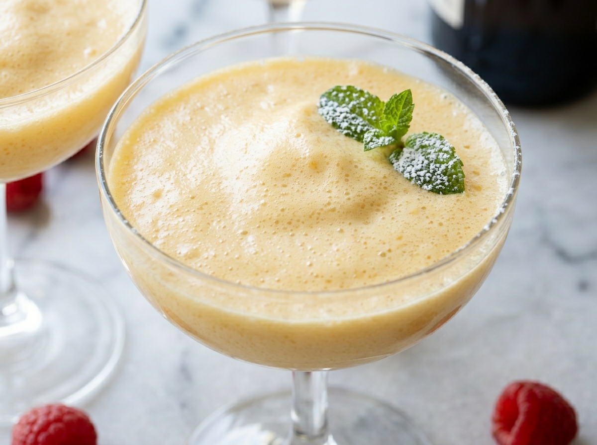 Four coupes of pale golden zabaglione foam with fresh raspberries on a marble surface